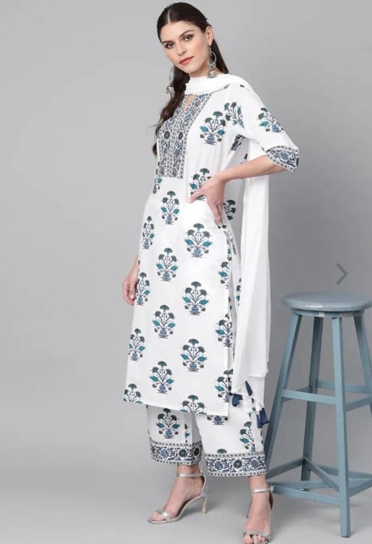 Stylish Rayon Printed Kurta With Palazzo With Dupatta Set